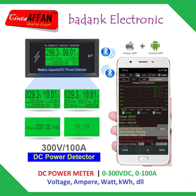 DC 0-300V 0-100A Volt Ampere Power kWh Energy Meter dengan Bluetooth